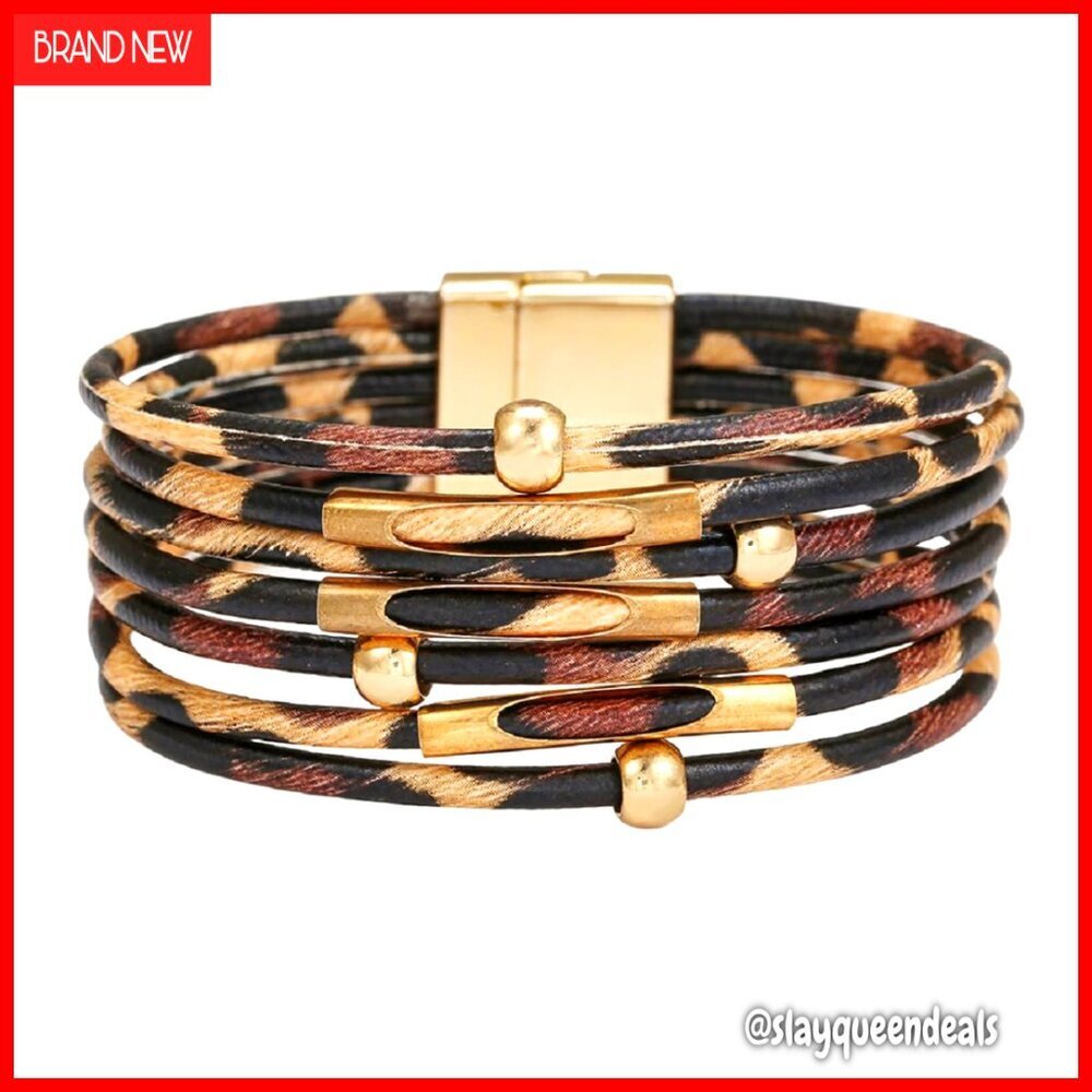 Leopard Print Leather Wrap Bracelet Handmade Layered Cuff Bangle Jewelry